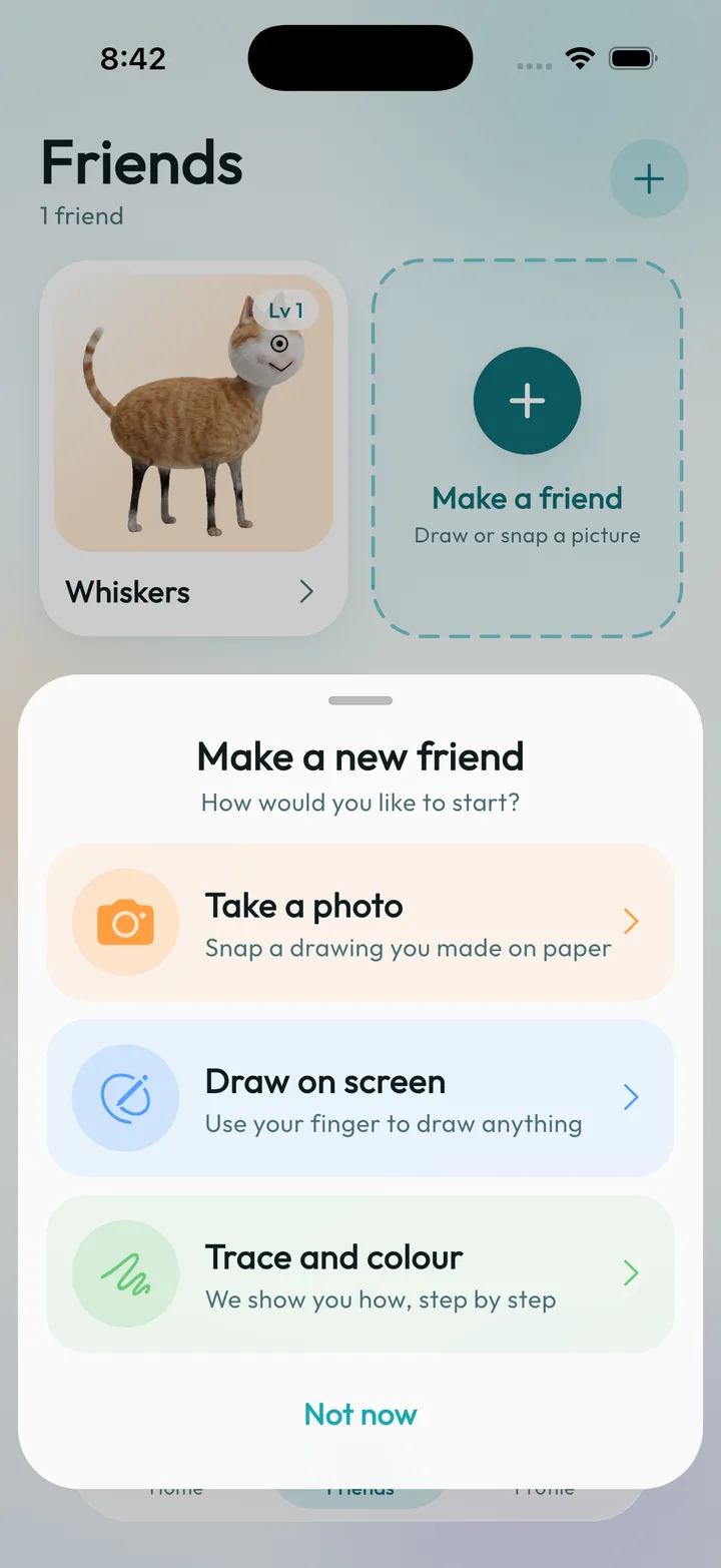 شاشة Make a new friend في Scribblie: التقط صورة، أو ارسم على الشاشة، أو تتبّع الخطوط ولوّن