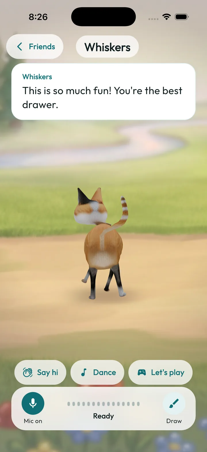 القطة Whiskers في مرج، تردّ بجملة ودودة وتقترح Say hi وDance وLet's play