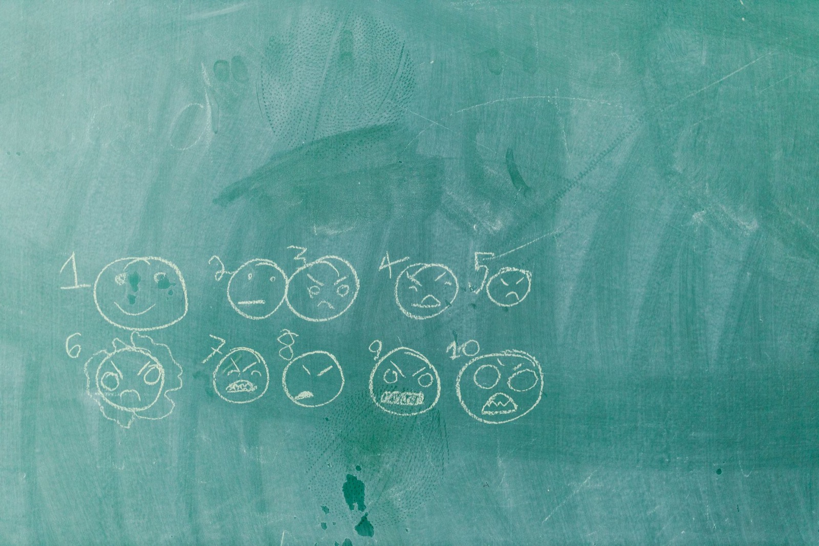 Chalk-drawn emoticons on a green blackboard representing various emotions.